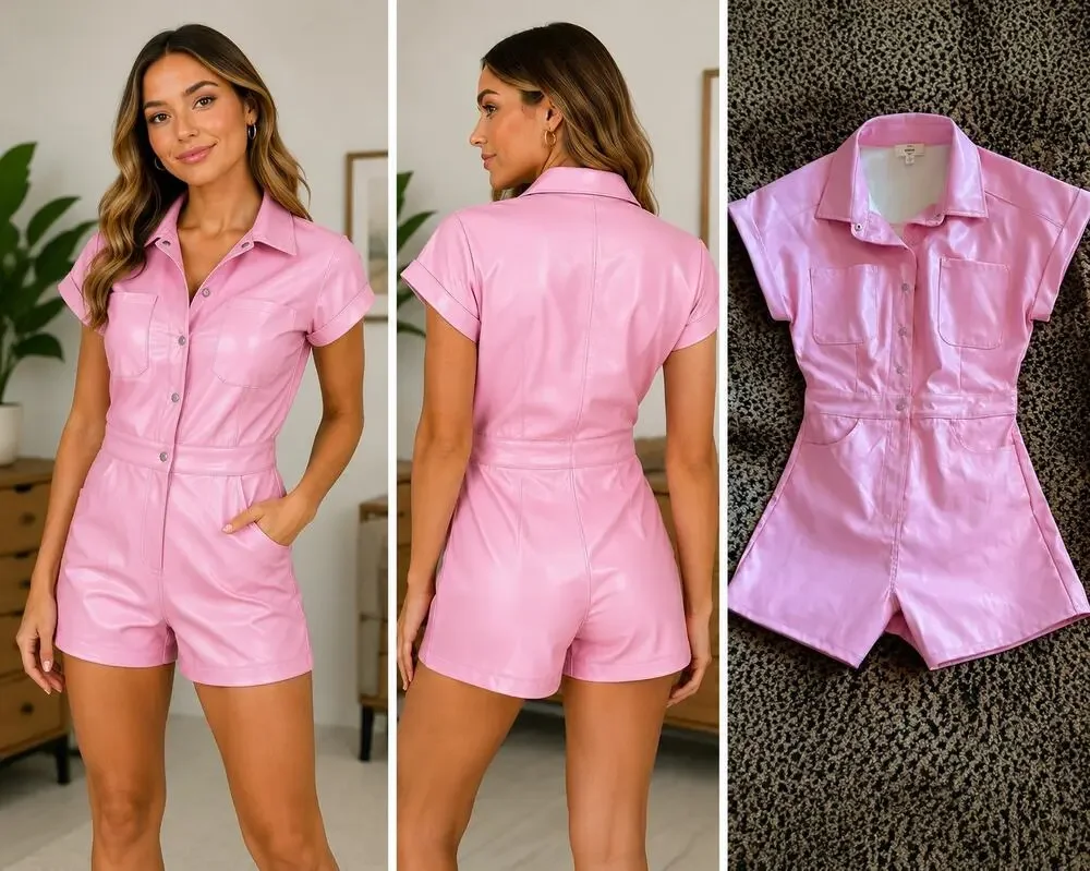 Entro Pink Faux Leather Romper Womens Small Snap Front Vegan Leather - Picture 1 of 8